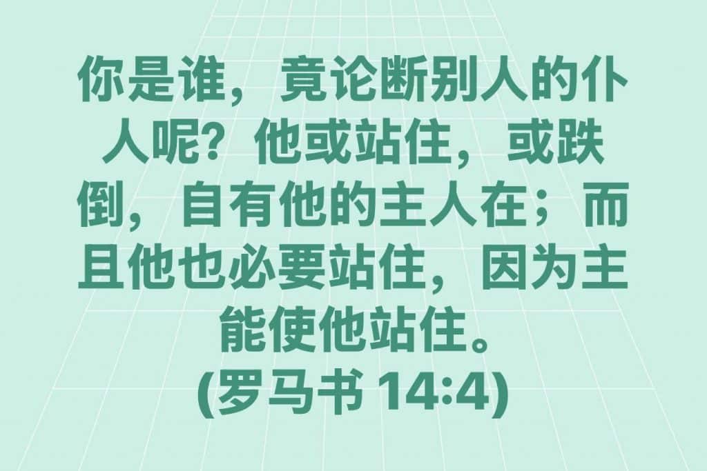 你是谁，竟论断别人的仆人呢？他或站住，或跌倒，自有他的主人在；而且他也必要站住，因为主能使他站住。
（罗马书14:4）