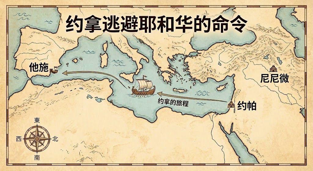 约拿逃往他施，躲避耶和华