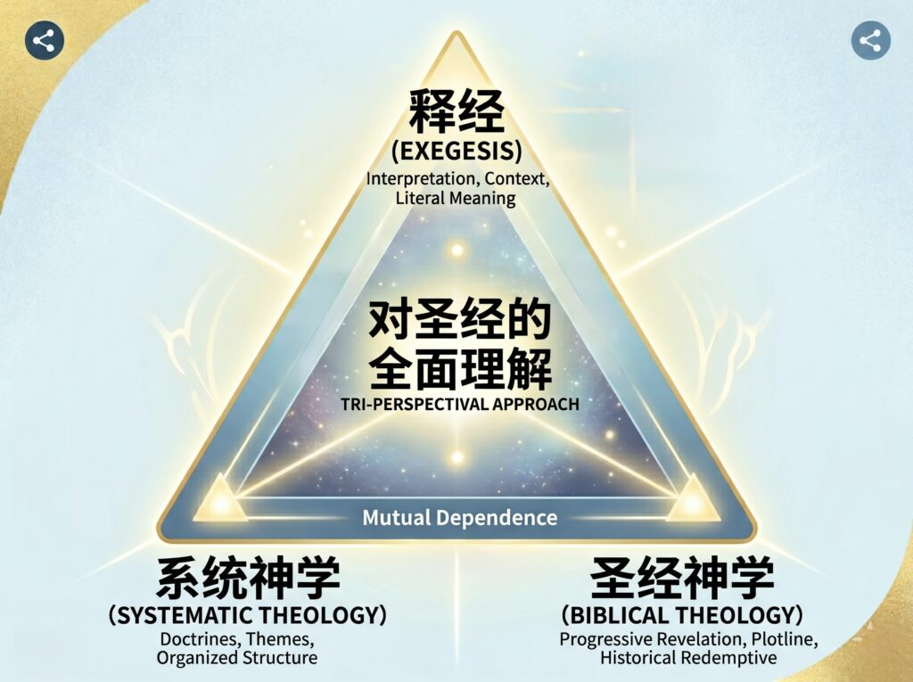 释经（exegesis）、系统神学（systematic theology）与圣经神学（biblical theology）共同构成一种“三重视角”（tri-perspectival）的方式来理解圣经。